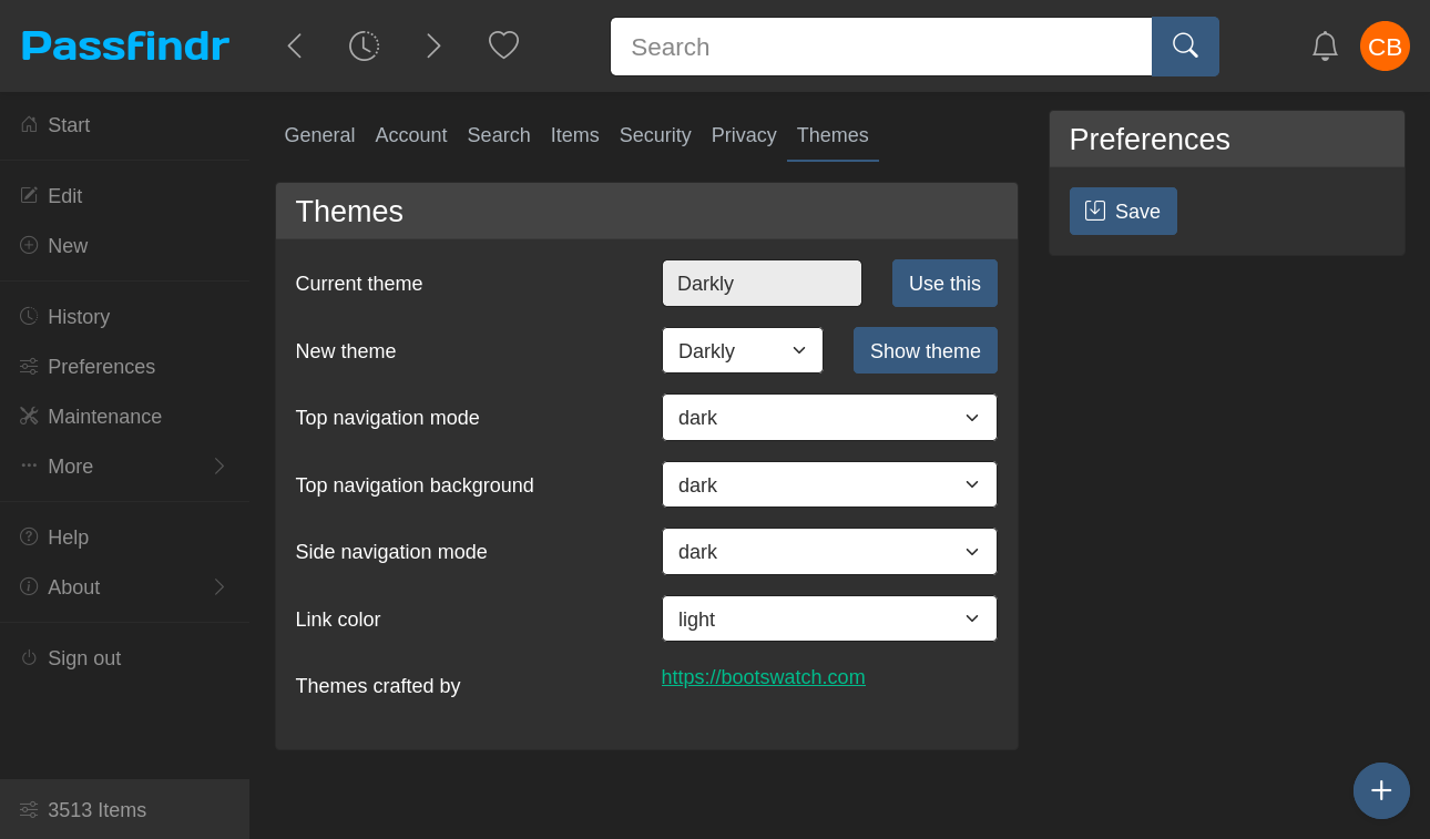 Passfindr UI UX Themes Preferences
