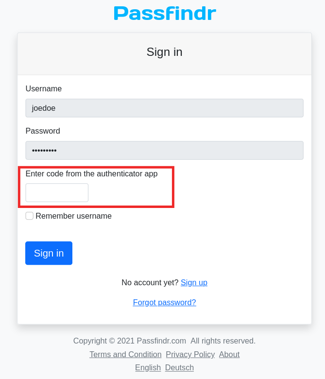 Passfindr Login Two Factor Authentication